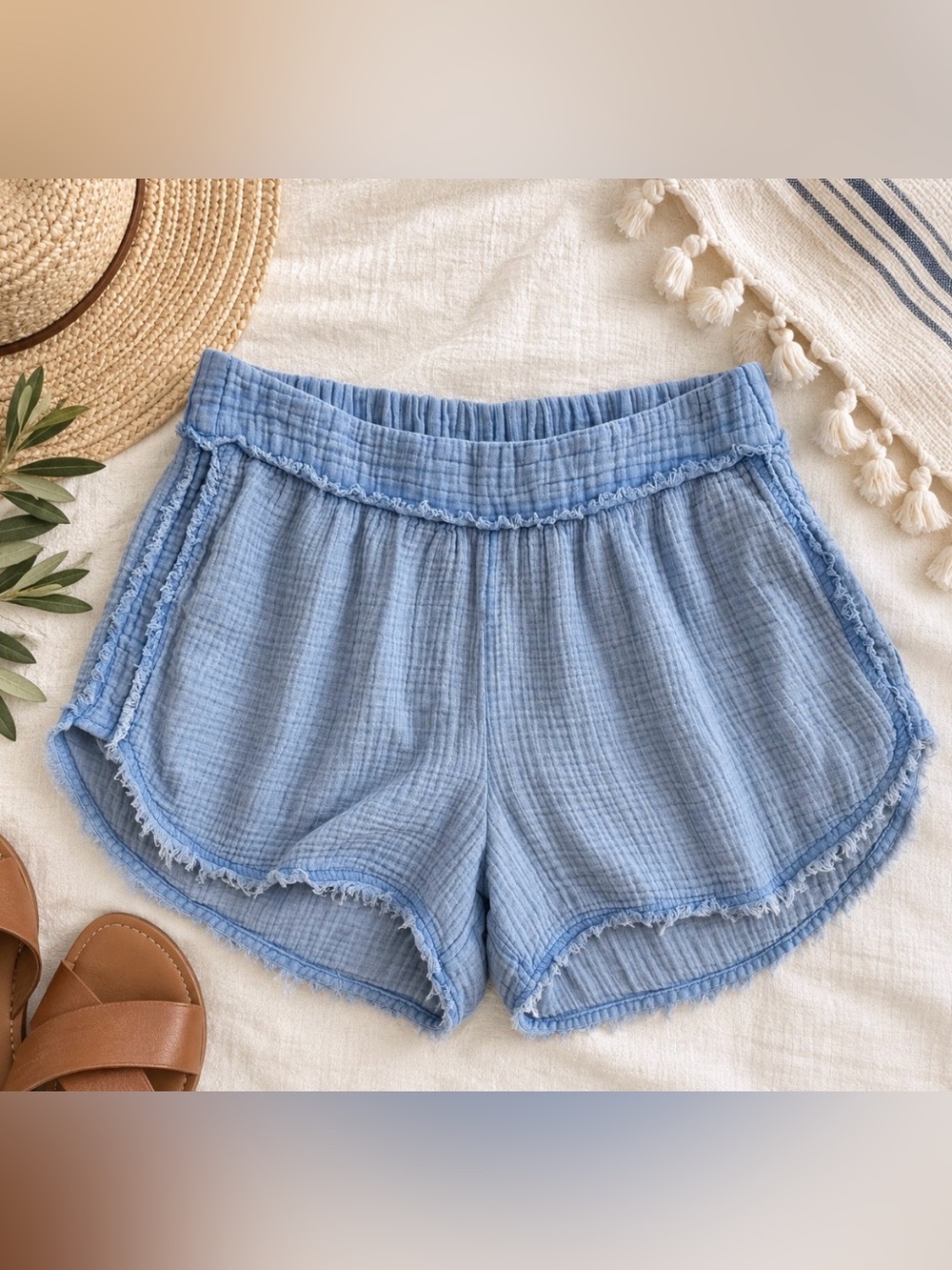 Anthropologie Daily Practice Blue Cotton Gauze Shorts Medium Raw Edge
